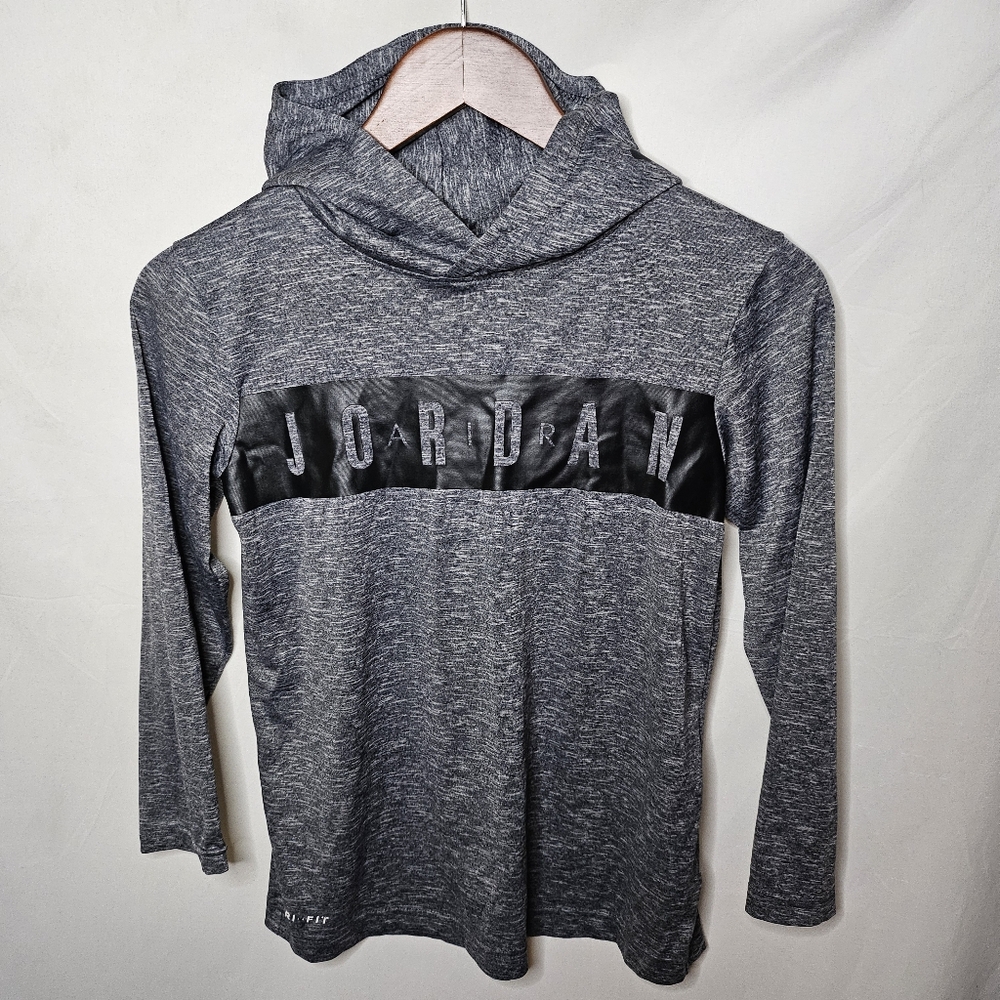 Boys Air Jordan Dri Fit Gray Pullover Spellout Hoodie Long Sleeve Shirt M 10 12